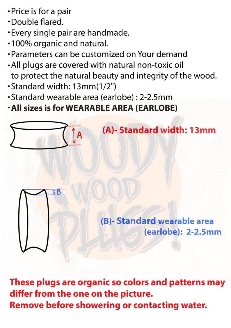 May include: A pair of double flared wood ear plugs. The plugs are handmade and 100% organic. The image shows the standard width of 13mm (1/2 inch) and the standard wearable area of 2-2.5mm. The text on the image reads: "All sizes is for WEARABLE AREA (EARLOBE)"
