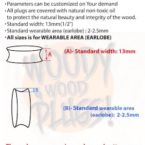 May include: A pair of double flared wood ear plugs. The plugs are handmade and 100% organic. The image shows the standard width of 13mm (1/2 inch) and the standard wearable area of 2-2.5mm. The text in the image reads: "All sizes is for WEARABLE AREA (EARLOBE)"