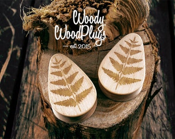 Teardrop ear Plugs Fern - Wood plugs - floral plugs - dropshaped plugs - ear gauges 18 mm 19 mm 20 mm 22 mm 24 mm 25 mm 26 mm 28 mm 30 mm