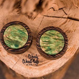 Bio-Ohrstöpsel mit grüner Holzeinlage | Grünes Holz, Stärken 10 12 14 mm 16 mm 18 mm 20 mm 21 mm 22 mm 24 mm 25 mm 26 mm 28 mm 30 mm 32 mm 34 mm bis 50 mm