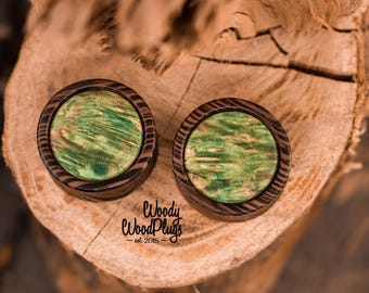 Organic Ear Plugs with green wood inlay | Wooden green gauges 10 12 14mm 16mm 18mm 20mm 21mm 22mm 24mm 25mm 26mm 28mm 30mm 32mm 34mm to 50mm