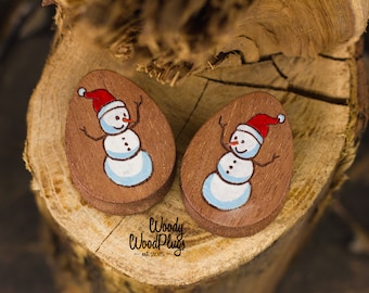 Teardrop Chrsitmas plugs with Snowman, Wood ear gauges, christmas wooden gauge 20mm 22mm 23mm 24mm 26mm 30mm 32mm 34mm 35mm 36mm 38mm