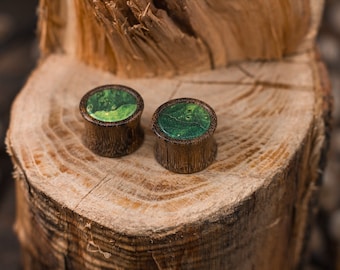 Amazaque wood ear plugs with green Maple inlaid | Natural green wooden gauges 10mm 00g 12mm 14mm 16mm 18mm 20mm 22mm 24mm 26mm 28mm 30mm