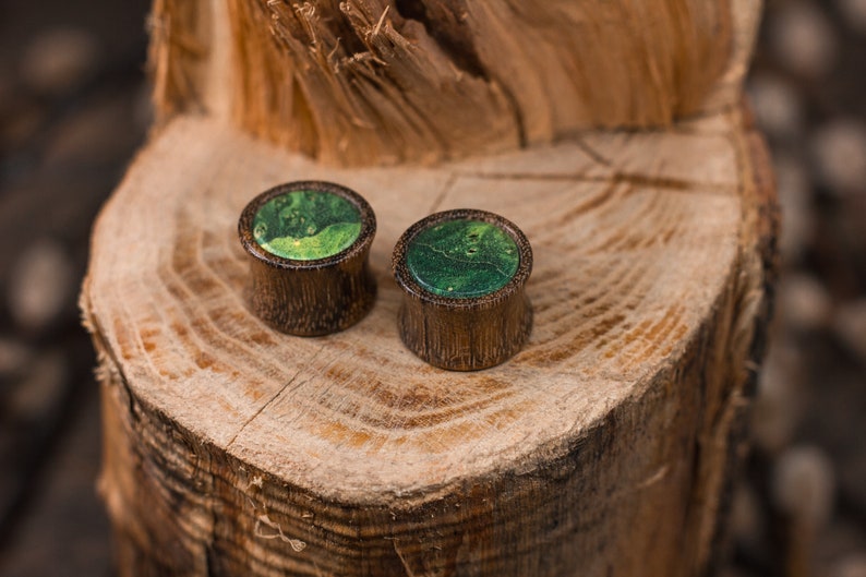 May include: Two wooden ear plugs with a dark brown finish and a green and gold resin inlay. The plugs are cylindrical and sit on a textured wooden surface, showcasing the natural wood grain.