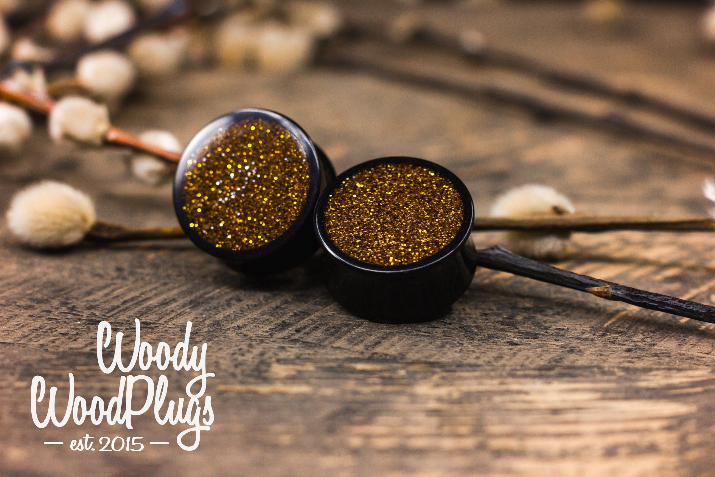 Black Ear Plugs with Gold Glitter - Handmade Sparkly Gauges for…