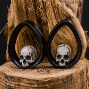 Pode incluir: Um par de dilatadores de orelha de madeira preta com um design de caveira. Os dilatadores têm a forma de uma lágrima e um acabamento liso e polido.