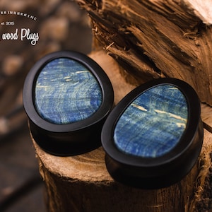 Black Teardrop Plugs with Blue Stabilized Wood 18mm 20mm 22mm 24mm 25mm 26mm 28mm 30mm 32mm 34mm 35mm 36mm 38mm 30mm 32mm -50mm