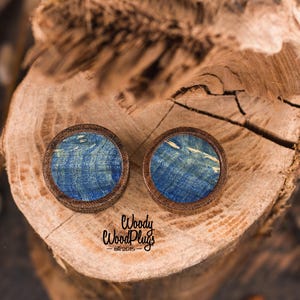 May include: Two round wooden plugs with blue and white marbled designs. The plugs are set in a dark brown wooden frame. The plugs are displayed on a wooden surface. The text "Woody WoodPlugs est. 2015" is visible.
