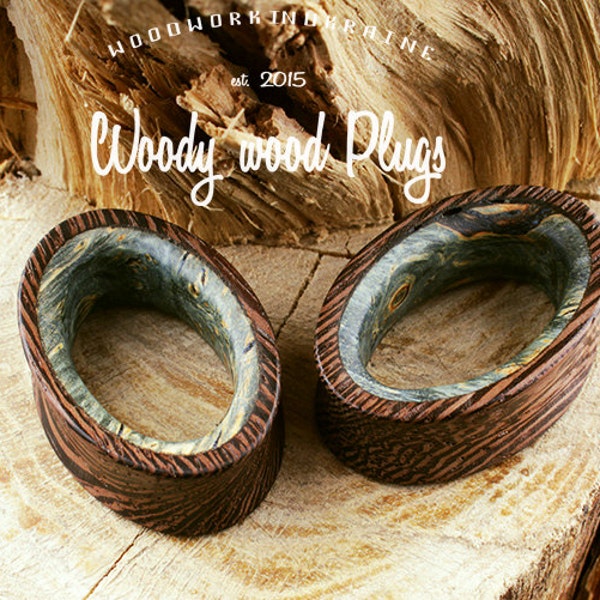 Wood Oval Tunnels with Blue maple inlay - Wood ellipse plugs - Wood plugs and tunels  Wenge organic ear plugs  17mm-50mm