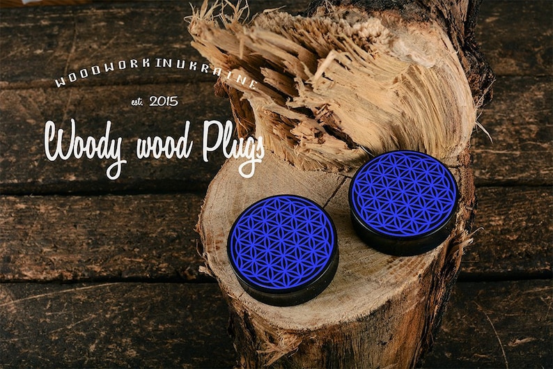 May include: Two black wood plugs with a blue geometric design, displayed on a piece of wood. The image includes the text "Woodwork in Ukraine est. 2015" and "Woody wood Plugs".