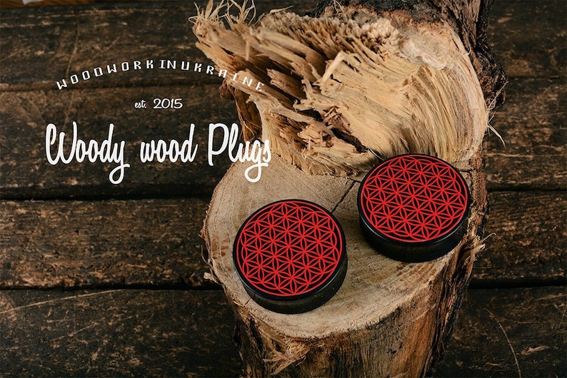May include: Two wooden plugs with a black rim and a red geometric design, displayed on a piece of wood. The image includes the text "Woodwork in Ukraine est. 2015" and "Woody wood Plugs".