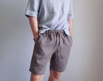 Men Drawstring Waist Linen Shorts. Breathable 9" Inseam Leg Shorts