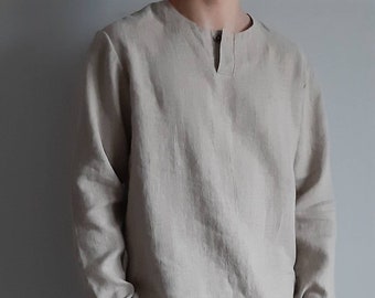 Men's Linen Henley Long Sleeve Casual Shirt.