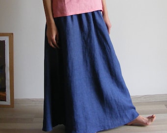 Long Linen Skirt with Side Slit Pockets in Melange Blue/ Linen Maxi Skirt