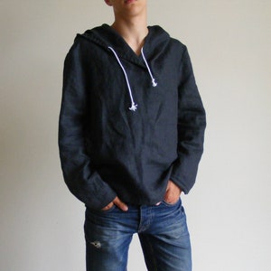 Men Linen Hoodie INTS. Charcoal Gray, Hooded Linen Shirt, Hooded Long Sleeve Shirt