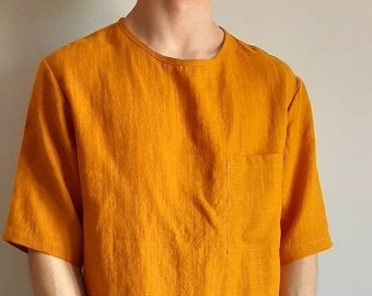 Crew Neck Style Casual Linen Shirt. Oversized Woven Linen T-shirt in Mustard