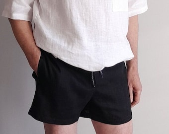 Black 3.5" Linen Shorts: Relaxed Fit Drawstring Summer Shorts, Beach Vacation Wear