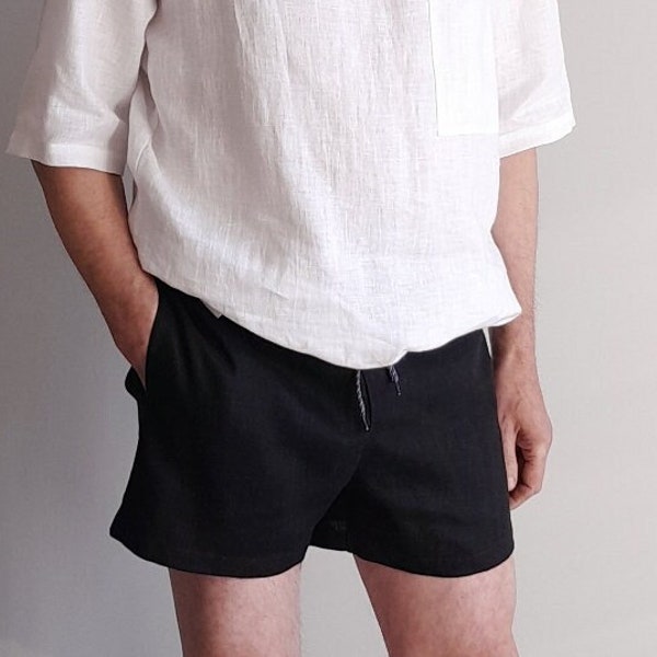 Relaxed Fit Simply Linen Shorts. Black Linen Drawstring Shorts