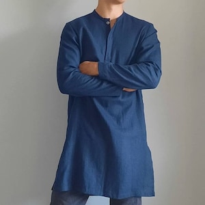 Long Linen Shirt. Beach Linen Shirt, Lounge Linen Shirt, Man Linen Kurta Shirt, Muslim Shirt, Short Kaftan Shirt