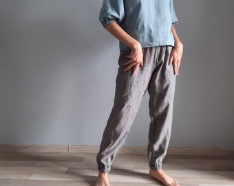 Women Linen Jogger Pants in Beige