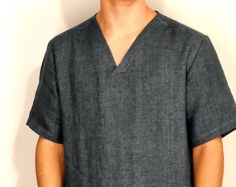 May include: A dark blue linen shirt with a v-neck and short sleeves.