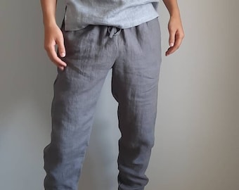 Herren Leinen Jogger. Hose aus Steingrau. Jogger Pantalon homme