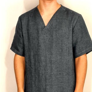 Mens Linen Nightshirt / Lounge Wear / Flax Night Shirt / Pajama Shirt / Melange denim color