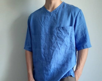 Übergroßes Leinen-T-Shirt mit V-Ausschnitt: Boxy Halbarm-Top, Linum Blau