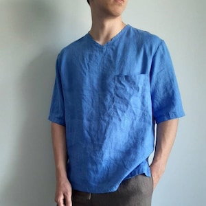 Casual Linen V-neck T-shirt. Oversized Woven Linen Half-Sleeve T-Shirt in Linum Blue