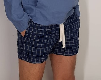 Relaxed Fit Simply Linen Shorts. Dark Blue Check Drawstring Shorts