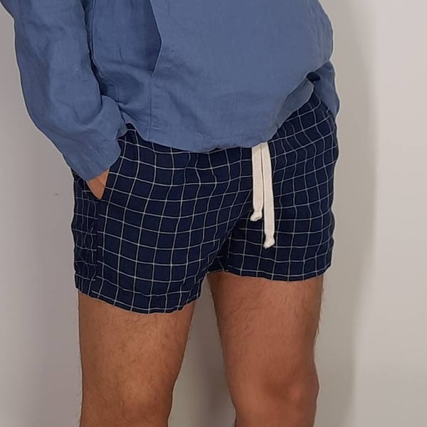 Relaxed Fit Simply Linen Shorts. Dark Blue Check Drawstring Shorts