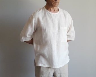 Sommer Leinen Hemd. Übergroßes cremefarbenes Leinen-T-Shirt