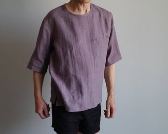 Summer Linen Shirt. Oversized Linen T-shirt in Lilac gray