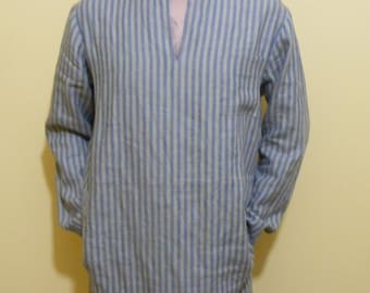 May include: A long-sleeved shirt with vertical blue and white stripes. The shirt has a V-neck and a relaxed fit.