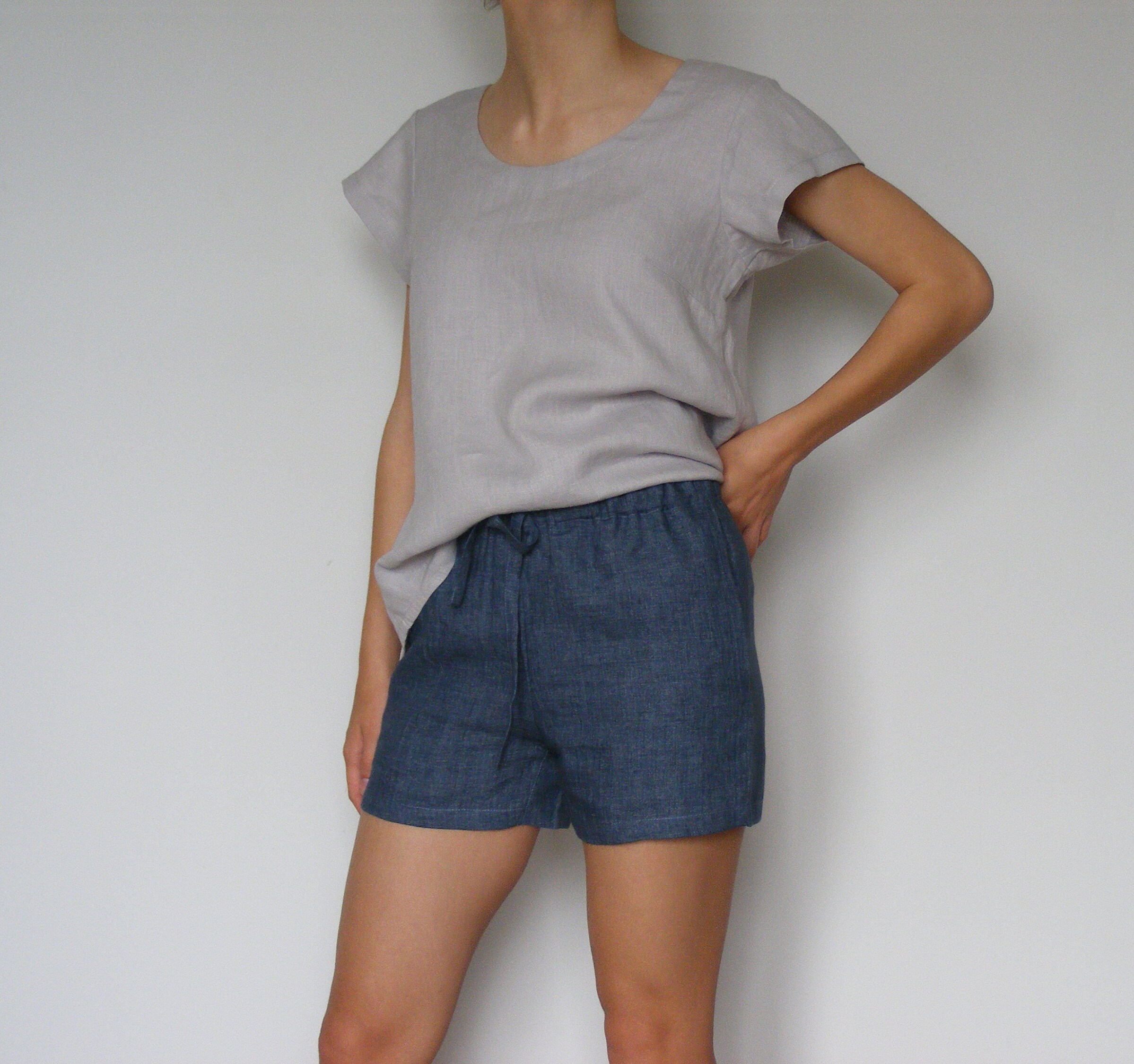 Blue Linen Cuffed Easy Shorts UK main image 1
