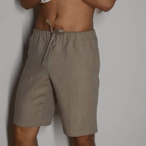 Linen bermuda shorts mens, 2 side pockets, natural linen. N