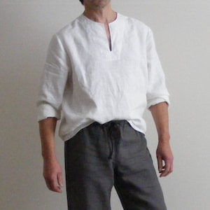 Off White Mens Linen Shirt /Mexican Wedding Linen / Beach Shirt  /Yoga Shirt / Pajamas Shirt / Lounge Shirt / Flax Shirt