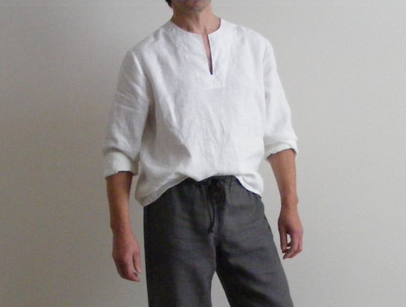 White Mens Linen Shirt Mexican Wedding Linen Beach Shirt Yoga Shirt Pajamas Shirt Lounge Shirt Flax Shirt