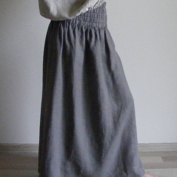 Long Linen Skirt with Side Pockets in Stone Gray/ Linen Maxi Skirt