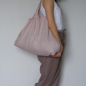Bolsa de linho grande / Bolsa de linho / Bolsa de praia de linho rosa cinza / Bolsa de compras de linho / Bolsa de linho com fecho de cordão