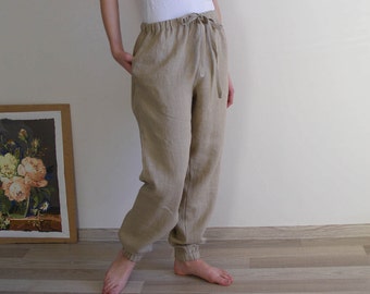 Pantaloni da jogging in lino da donna in beige