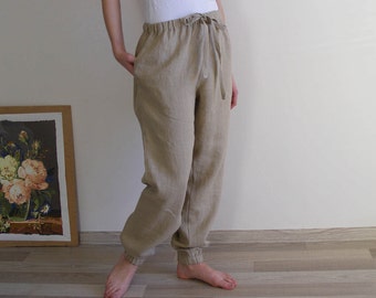 Pantalon de jogging en lin beige pour femme