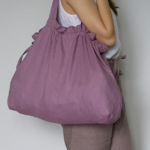 Bolsa de linho grande / sacola de linho / bolsa de praia de linho rosa empoeirado / bolsa de compras de linho / bolsa de linho com fecho de cordão