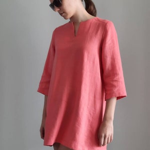 Coral pink linen tunic with 3/4-length sleeves