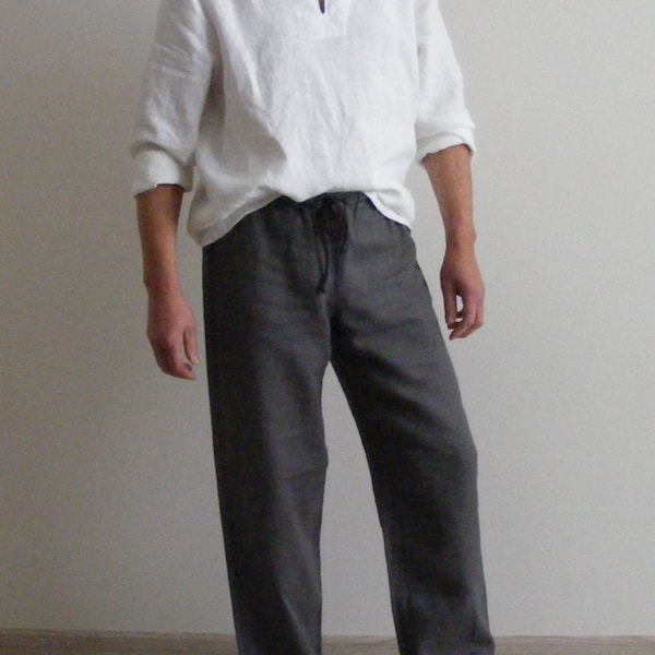 Mens Linen Lounge Pants: Dark Gray Drawstring Pajama Pants, Weekend Homewear