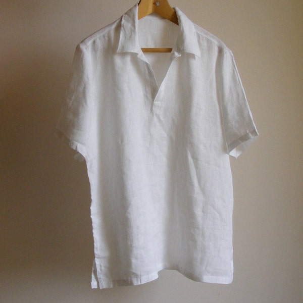 White Linen Popover Shirt. Short Sleeve Linen Shirt Men's