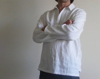 White Mens Linen Shirt /Mexican Wedding Linen / Beach Shirt /Yoga Shirt / Pajamas Shirt / Lounge Shirt / Flax Shirt