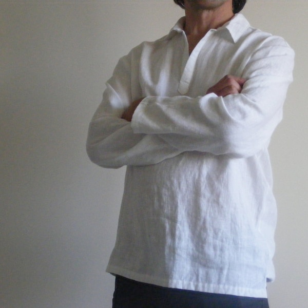 White Mens Linen Shirt /Mexican Wedding Linen / Beach Shirt /Yoga Shirt / Pajamas Shirt / Lounge Shirt / Flax Shirt