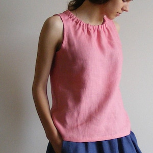 Linen Sleeveless Top in Vintage Coral with gathered neckline