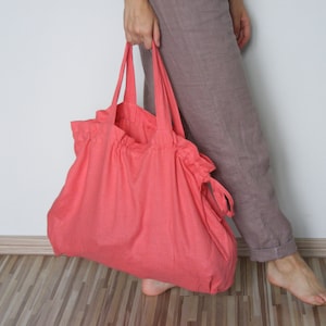 Large Linen Bag in Coral Pink / Linen Tote Bag / Linen Beach Bag / Linen Shopping Bag / Linen Bag with Drawstring Closure